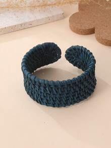 1pc INS Style Natural Rattan Wide Bracelet, Vintage Textured Bangle, Versatile Accessory Suitable For Beach Vacation, Countryside Outing, Artisan Market, Commuting, Retro/Boho/Rustic Outfit - Navy Blue - View 3