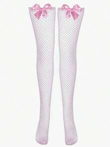 1 Pair Women's Sexy Bow Decor Thigh High Socks, Cute Pink Stockings, Cosplay Lolita School Girl Uniform Thigh Highs, Comfortable - 粉色 - 查看 6