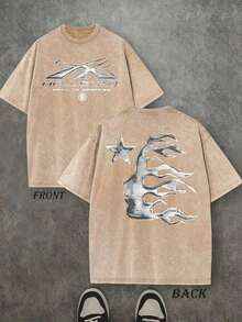 Men's Oversized Washed Graphic T-Shirt Hell Flame Star Silver Print Vintage Streetwear Tee | Exquisite Design |   Loose And Comfortable |   Easy To Match | - Coffee - View 7