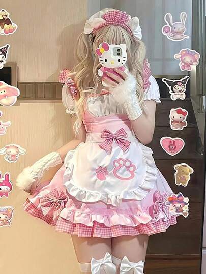 日系ロリータ 少女 ソフト妹系 猫ちゃん可愛い メイド服 40〜60kg Lサイズ コスプレ 猫耳娘（ネコミミ）ロリィタワンピース 春夏