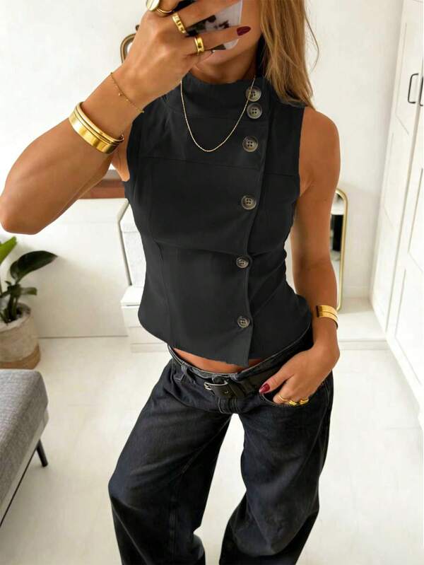 Women's Summer Soft Y2K Casual Minimalist Retro Elegant Daily Wear Stand Collar Single-Breasted Sleeveless Fitted Pleated Waist Blazer Jacket, Geeky Elegant Office Wear, Party Top Black