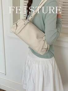 1个女士米色PU皮革波士顿单肩包，可调节肩带，Y2K风格腋下包，大容量休闲通勤手提包，带搭扣细节 - 白色 - 查看 5