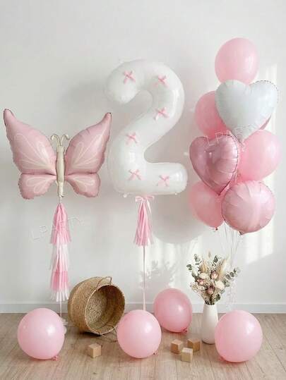 15pcs/Set Pink & White Birthday Party Decoration Balloon Set, 40-Inch White Number 0-9 Foil Balloons, Giant Matte Pink Butterfly Balloons, 18-Inch Pink/White Heart & Pink Round Foil Balloons, 10-Inch Macaron Pink Latex Balloons, With 3D Light Pink Satin Bow Decor, Suitable For Birthday, Baby Shower, Adult Party, Sweet And Warm Decoration Props