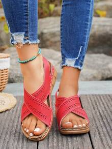 Sandalias de cuña transpirables y multicolor para exteriores, sandalias de moda versátiles para adolescentes - Rojo - Ver 5