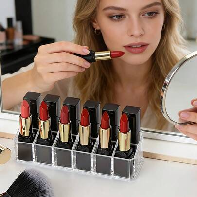 Multi-Grid Transparent Lipstick Storage Box, Plastic Desktop Lipstick Organizer, Multi-Grid Cosmetic Storage Box, Makeup Storage Box