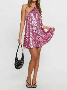 Women's Sequin Sparkly Glitter Dress Halter Neck Sexy Sleeveless Backless Party Club Mini Dresses - 粉色 - 查看 3