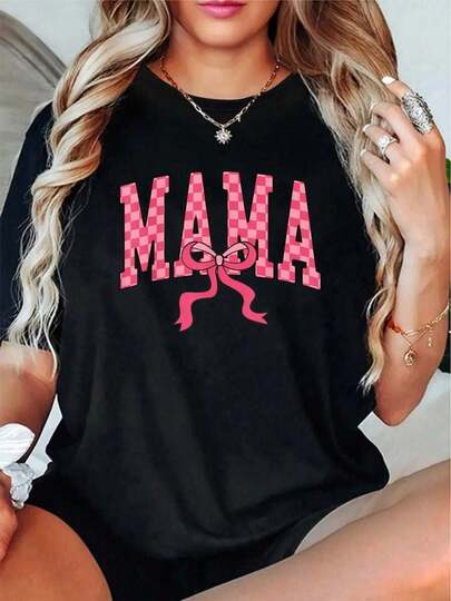 T-Shirt Blusa New Hot Selling Vintage Blusas Cute Top 100 Percent Cotton Camisas Para Hombre Manfinity Men Graphic Tees WomenPink Checkered Mama Coquette Bow Cute Mothers Day Mom Women T-Shirt - 100% Cotton Graphic Tees Women, Womens Relaxed Fit Clothing For All Seasons-Unisex, Suitable For Casual Daily Outings, Short-Sleeve Summer Top, Retro Y2K Patterned T-Shirt