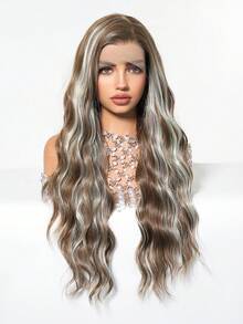 Peluca de onda profunda de 28 pulgadas, 13x4 con frente de encaje, marrón claro con reflejos rubio ceniza, textura sedosa sin frizz, uso cómodo y duradero, adecuada para salidas nocturnas, eventos festivos y ocasiones especiales, elección viral y popular entre las damas con textura sedosa sin frizz - Resaltar marrón - Ver 5