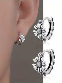 Khuyên tai unisex hình hoa hướng dương và hoa cúc kiểu retro, thiết kế tối giản độc đáo dành cho nam giới, phong cách hiphop đường phố. - A - Xem 2