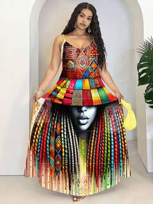 Colorful African Print Maxi Dress With Geometric Patterns And Face Art Design For Women Summer Fashion Statement Piece Long Sleeveless Dress - 彩色 - 查看 1