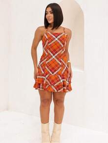 Women's Short Plaid Dress With Padded Cups, Spaghetti Straps, Flared Hem, Ruffled Detail, For June Festivals, Saint John's Day, July Festival Look, Boho Casual Women's Fashion, Backless / Backless, Vacation - 亮橙色 - 查看 4