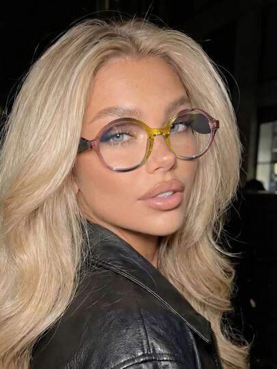 1 PC Women's Round Glasses Frame Colorblock Lightweight Frame Transparent And Clear Lenses Vintage Style Suitable For Matching Outfits With Glasses Box