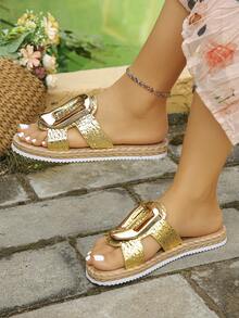 Women's Metal Buckle Faux Rope Sole Flat Sandals, Vacation Style Summer Daily Wear Beach Gold Slippers - Gold Crocodile Pattern - View 3