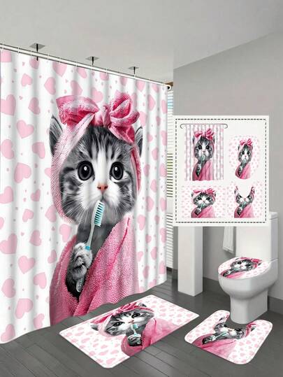 1pc/4pcs - Pink Cat Shower Curtain Set, Bathroom Decor & Accessories, Cartoon Cute Kitty Headband Towel Heart Background 12 Hooks Shower Curtain, Non-Slip Bath Mat, U-Shaped Toilet Cover, Lid Cover
