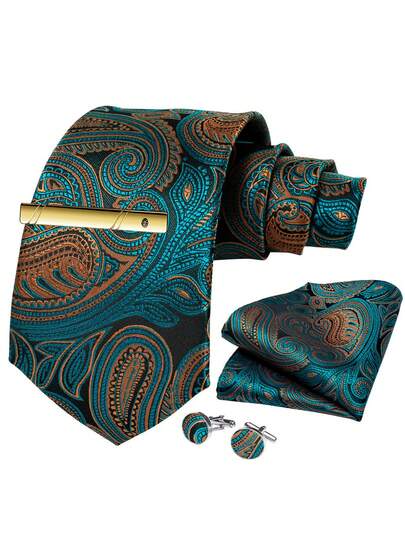Bộ cà vạt nam màu xanh ngọc, cam, vàng, họa tiết hoa jacquard – kèm khăn cài túi, khuy măng sét và kẹp cà vạt vàng, bộ cà vạt trang trọng lịch sự dành cho công sở.