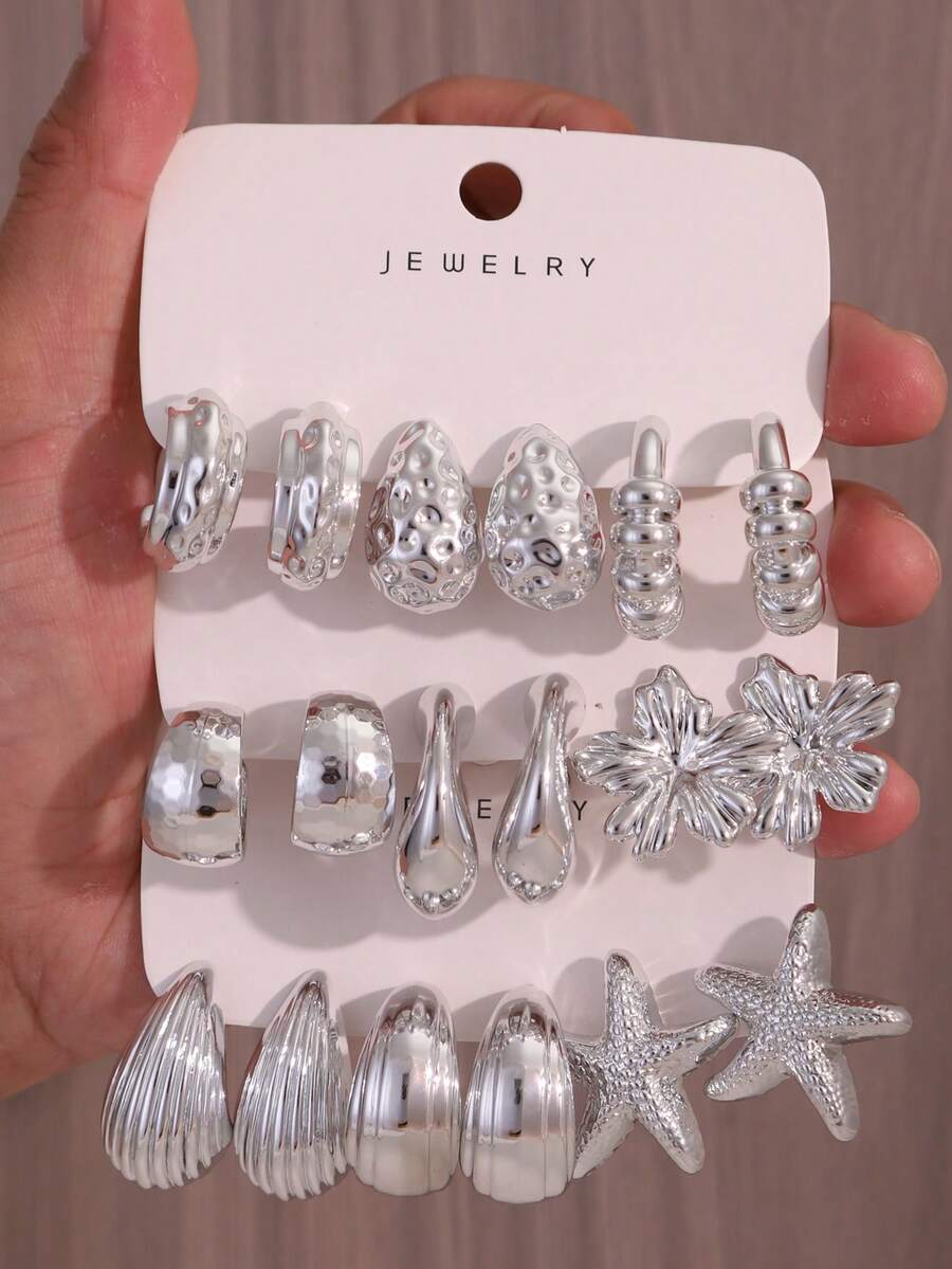 6/18pcs Silver Flower, Starfish & Assorted Fashionable Earring Set For Women, Luxury Elegant Minimalist Design. Beautifying Oneself Is Not To Please Others, But To Boost Self-Confidence And Happiness. - Silver - View 1