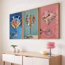 3PCS Retro Cocktail Girl Wall Art Set, Vintage Martini Glass Summer Pool Party Poster, Funky Living Room Bar Decor - A - View 10