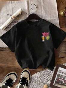 Women's Casual Tequila Sunrise Cocktail Floral Print T-Shirt, Lightweight Round Neck, Spring/Summer Sportswear - Black - View 3