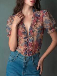 小众设计夏季新款女士短袖印花半透明V领百搭优雅复古简约修身休闲衬衫 - 优雅V领泡泡袖雪纺上衣度假 - 杏色 - 查看 5