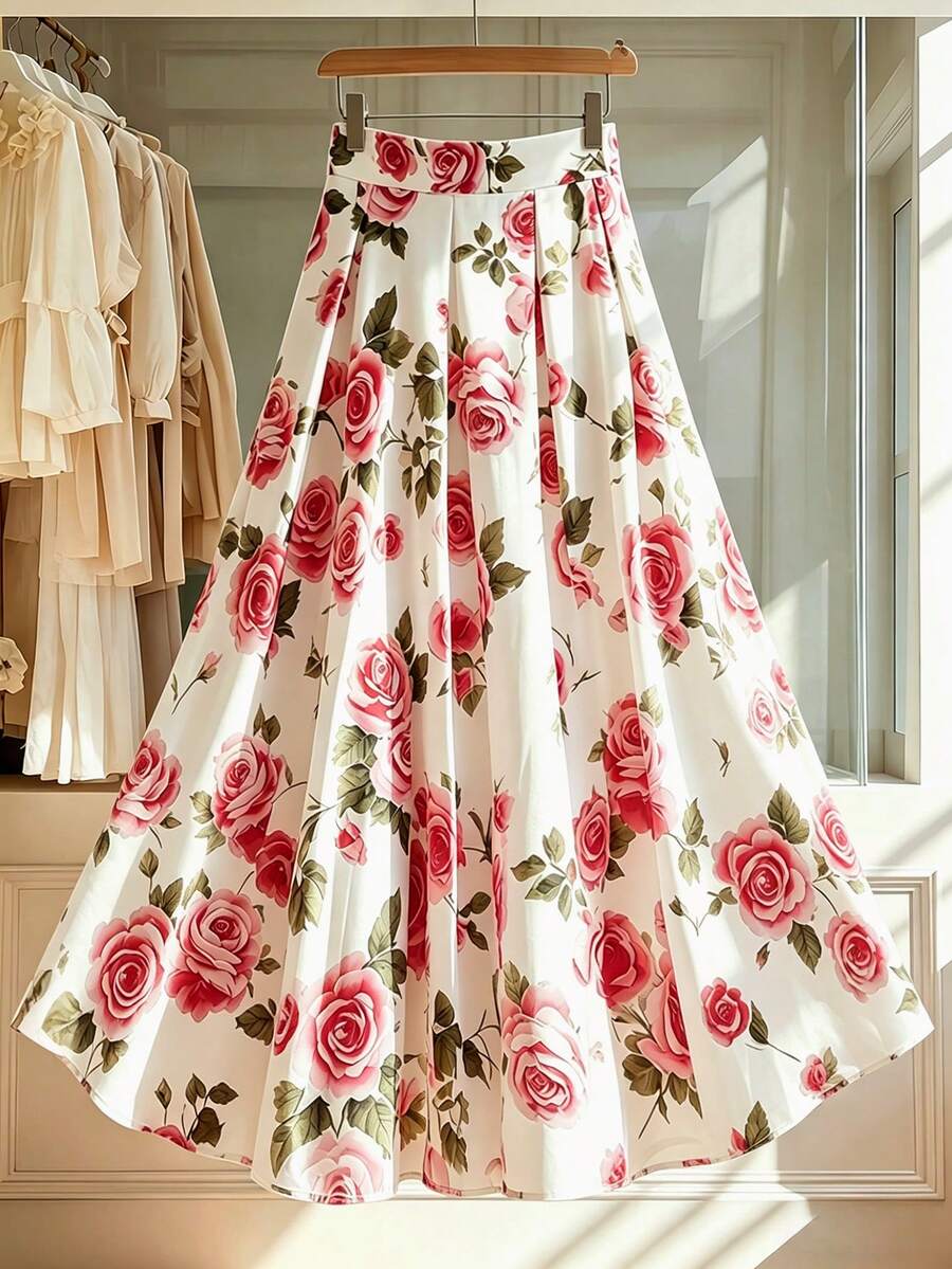 Women's Elegant Commuter Romantic Big Floral All-Over Print Pleated A-Line Skirt - Multicolor - View 1