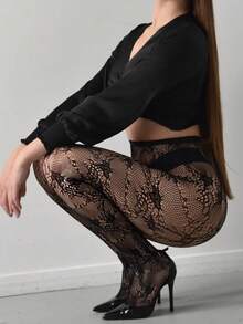 Quần tất ren hoa mỏng manh, quần tất lưới gợi cảm, cạp cao, ôm sát, màu đen. - màu đen - Xem 2