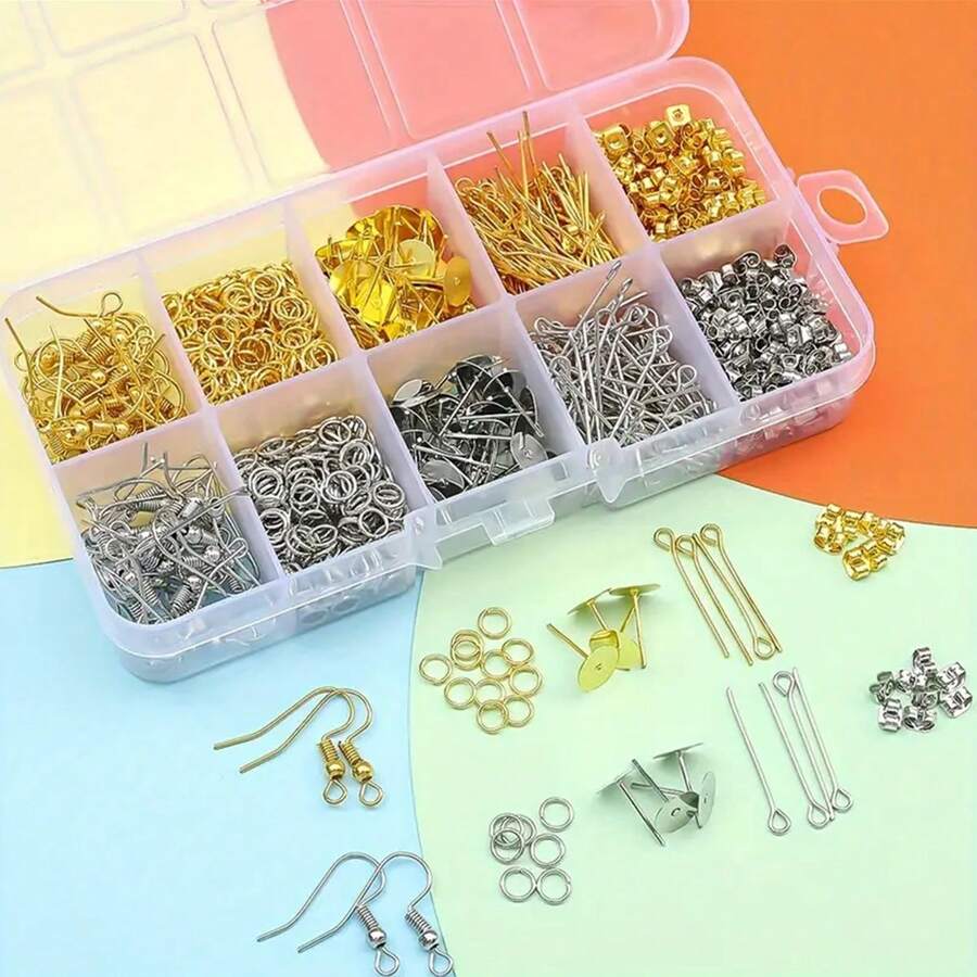 1060pcs Low Allergy Earring Making Kit, Includes Hypoallergenic Earring Hooks, Earring Posts, Butterfly Earring Backs, Earring Wires, Open Jump Rings And Other Jewelry Making Supplies. - Golden/white K - View 1