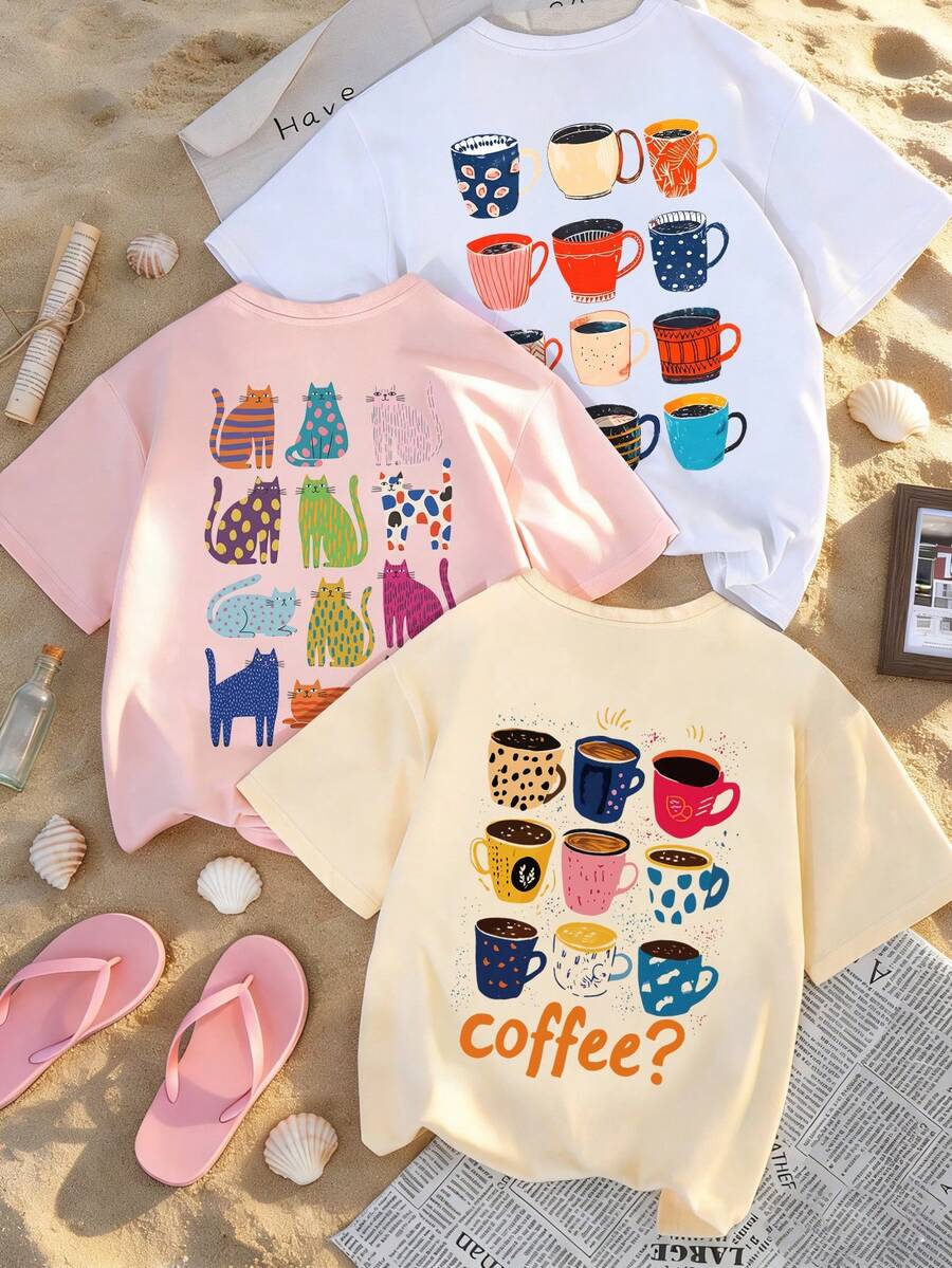 Bộ 3 áo thun ngắn tay cổ tròn in hình mèo và cà phê theo phong cách tối giản mùa hè, dễ thương, kiểu dáng thời trang và đa năng dành cho nữ. - Trắng, hồng và mơ - Xem 1