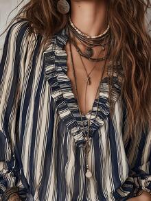 Women's New Bohemian Striped Shirt With Ruffle Hem Vacation - Black and White - View 4