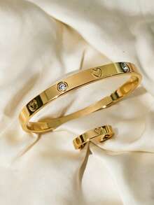 1/2件套不锈钢镀18K金心形手链戒指套装，镶嵌水钻，奢华珠宝婚礼配饰 - 金色 - 查看 12