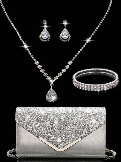 LETODE Schmuckset mit Strass Halskette, Ohrringe, Armbänder für Frauen, Abendtasche mit Klappe, Braut-Hochzeit, silberner funkelnder V-förmiger Überschlag, elegante Umschlagtasche, modische Metallverzierung, Handtaschen für Damen, Abschlussball, mit abnehmbarer Metallkette, Schultertasche für Damen, Clutch-Taschen für Damen, Handtasche für den Abend, vielseitig einsetzbare Handtasche, Cocktailparty, Hochzeit, neue Geldbörse, Bankett-Tasche