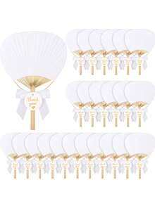 9pcs/Set White Bamboo Handle Round Folding Fan Wedding Gift Set, Includes Thank You Card & Bamboo Fan, Suitable For Wedding Guest Favors, Photography Decor, Wedding & Birthday Decoration, Ideal For Bride, Bachelorette Party - One Size Fits All - View 2