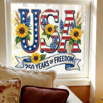 1pc Independence Day Sunflower Sunlight, Oil Painting Pattern With American Flag Colors Of Red, Blue, Yellow, And Bald Eagle Iconic Elements, Window Display Decal, DIY Removable Static Cling Glass Sticker, 250th Anniversary Celebration Sticker, Suitable For Balcony Glass, Doors, Windows, Home Decor, Room Decoration And More Scenarios