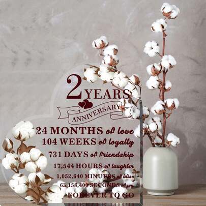 2 Years Anniversary Decor For Him Her Cotton Flower Drawing Print Acrylic Gift 2nd Anniversary Wedding Paperweight Traditional Second Year Marriage For Wife Husband Lover (Cotton Flower)