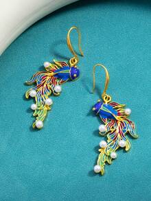 1 par de pendientes elegantes vintage con colgante de pez koi, decorados con perlas falsas, accesorio llamativo para fiestas, regalo de joyería con estilo chino - arete - Ver 3