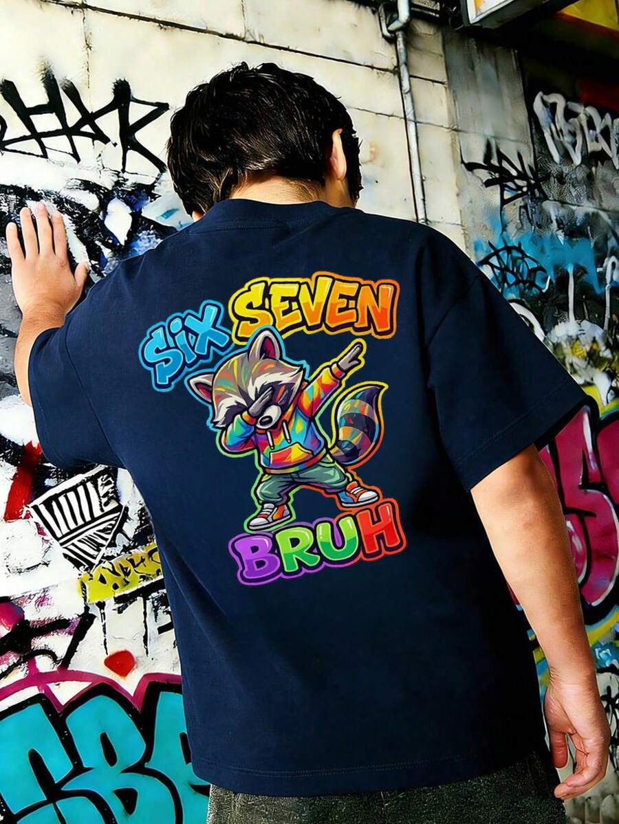 Tween Boys' Navy Blue Crew Neck T-Shirt, Dabbing Raccoon "Six Seven Bruh" Back Print Short Sleeve Casual Tee For Kids - Navy Blue - View 1