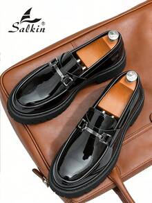 Salkin 英倫風設計男士粗齒厚底樂福鞋 平價奢華厚底一腳蹬樂福鞋 柔軟舒適圓頭優雅正式皮鞋 紳士老錢風 商務休閒 日常百搭 派對宴會婚禮度假禮物 全季男鞋，建議選擇大一號 - 黑色 - 查看 7