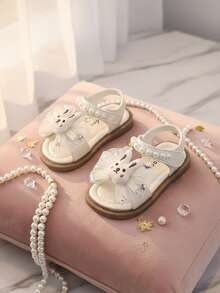 Cute Mesh Bow Rabbit Decor Children's Shoes, Sweet High-End Casual Flat Sandals For Baby Girls, Comfortable Soft Padded Non-Slip Thick-Soled Kids Sandals, Pearl Embellished Adorable Toddler Fashion Sandals, Suitable For 3-13 Years Old Girls Daily, School, Outdoor, Beach, Vacation, Matching Princess Dress, 2026 Summer New Arrival - White - View 3