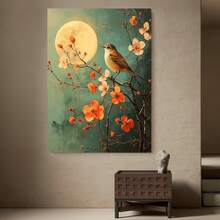Framed 1 pieza, con marco, , cuadro de pintura al óleo inspirado en la noche de la cigüeña sobre una rama iluminada por la luna, arte botánico floral de la luna y la cigüeña - 3G5232G1837 - Enmarcado - Ver 3