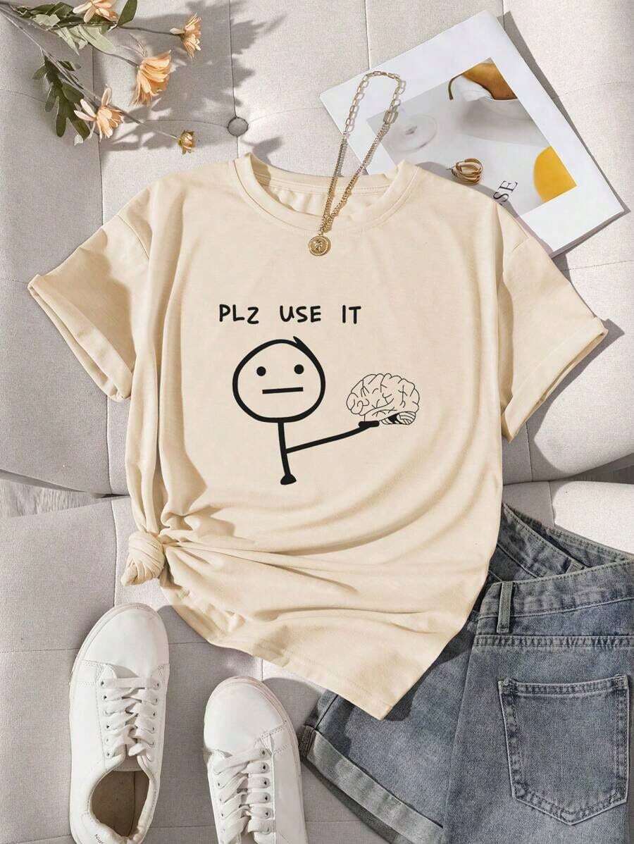 Plus Size Fashion Women's T-Shirt,Women's Cartoon & Letter Print Round Neck Short Sleeve T-Shirt PLZ USE IT Graphic Tees Women Tops - 杏色 - 查看 1