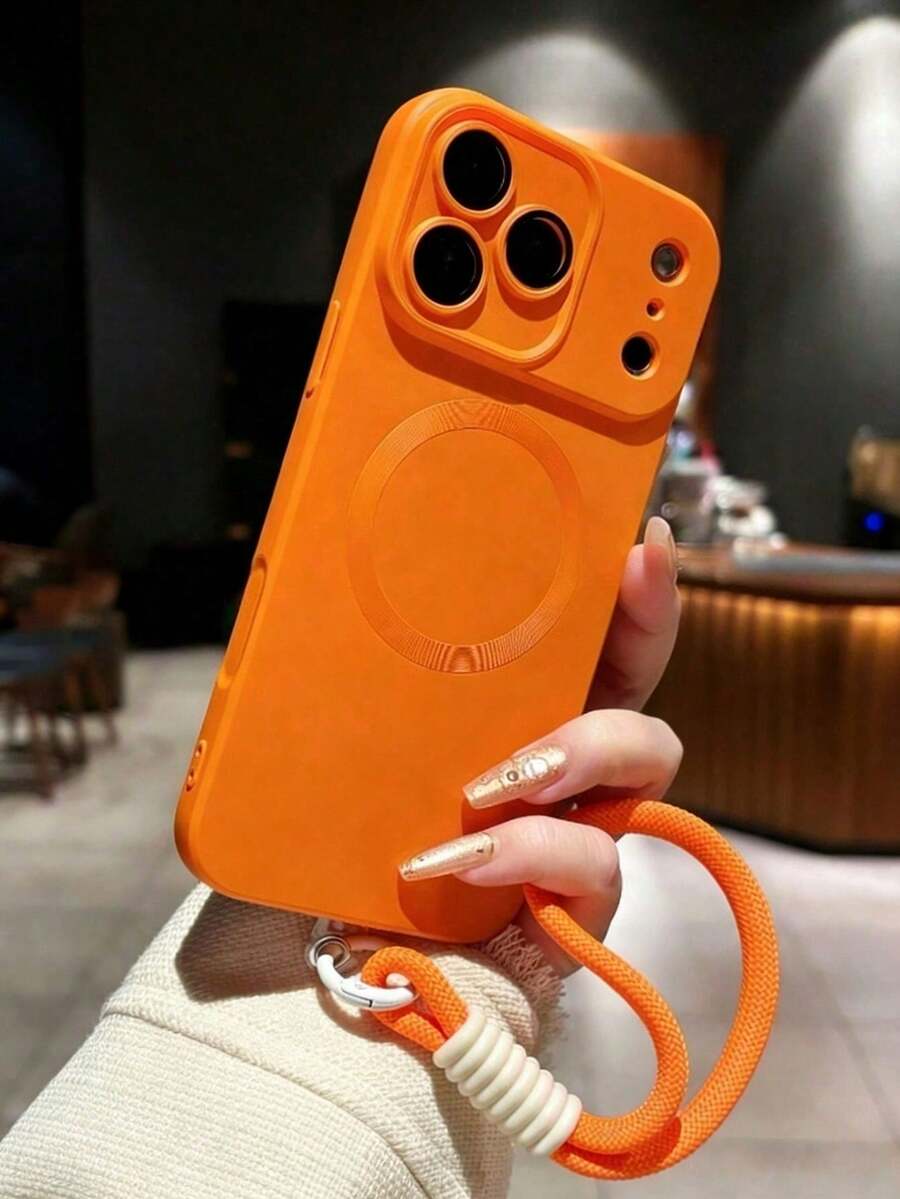 Ốp lưng điện thoại thời trang từ tính mờ kèm dây đeo cổ tay cho iPhone 17 Pro Max 17Pro 17 Air 17 16 15 14 Plus 13 12 11 Pro Max, mặt kính cường lực, hỗ trợ sạc không dây. - Màu cam + dây thừng - Xem 1