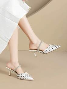 2026 Primavera/Verano Nuevos Zapatos de Tacón con Puntera Puntiaguda y Parte Trasera Descubierta Estilo Francés con Lunares, Elegantes Sandalias de Tacón Fino para Mujer - Blanco - Ver 6
