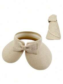 1pc Fashionable Foldable Women's Hat With Bow Tie, Hook And Loop, Ponytail Hole, Brimless Design, Suitable For Outdoor, Beach, Travel, Sun Protection, Panama Straw Hat - Round Straw Hat - View 6