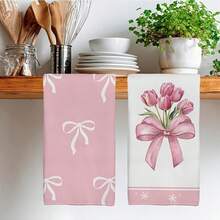 2 Peças Toalhas de Cozinha com Estampa de Tulipa e Laço Rosa, Design de Laço de Tulipa, Panos de Prato, Decoração para Casa, Presente para Família e Amigos, Amantes de Plantas, Super Macios e Absorventes, Panos de Limpeza, Toalhas de Chá para Cozinhar e Assar, Toalhas de Mão, Presente para Amigos, Acessórios de Cozinha, Necessidades Diárias - Retangular - Visão 5