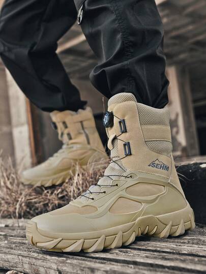 Men's Outdoor Button Closure No-Tie Hiking Boots, High-Top Outdoor Trekking Shoes, Motorcycle Riding Boots
