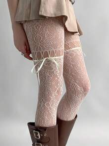 1 par de medias suaves de encaje calado con diseño de lazo para mujer, mallas ajustadas y lindas adecuadas para uso diario - Blanco - Ver 3