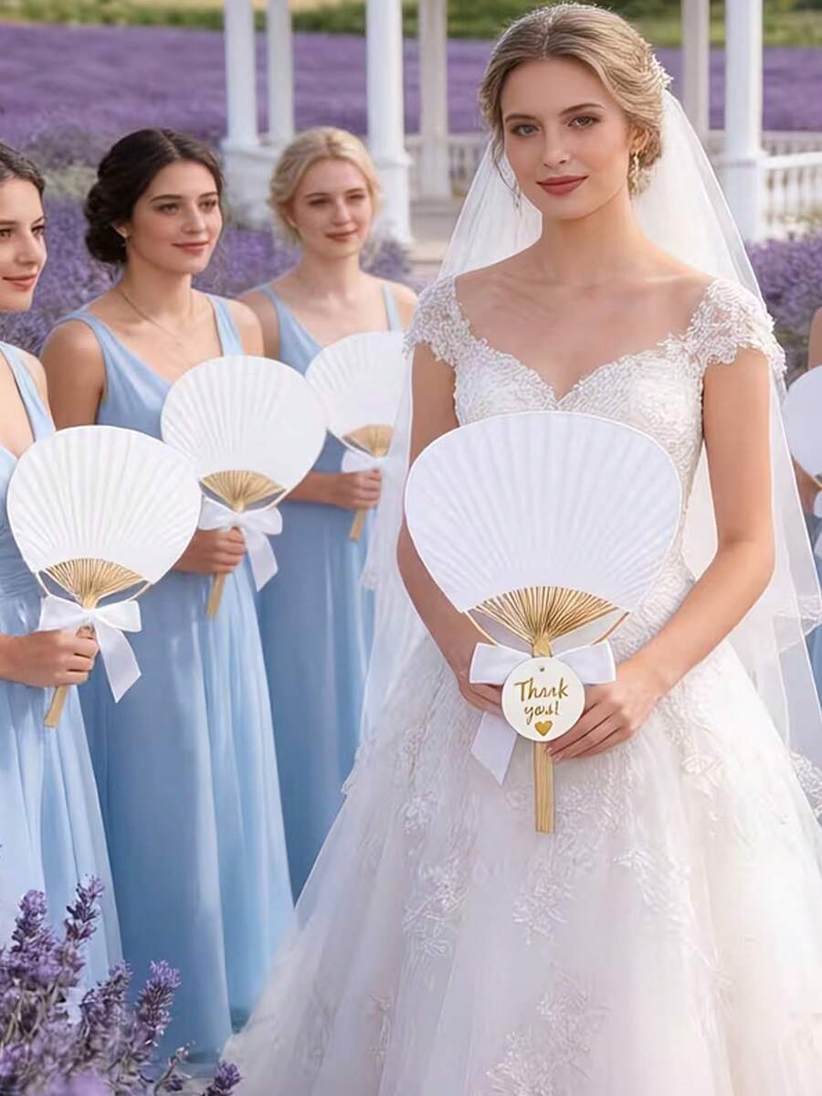 9pcs/Set White Bamboo Handle Round Folding Fan Wedding Gift Set, Includes Thank You Card & Bamboo Fan, Suitable For Wedding Guest Favors, Photography Decor, Wedding & Birthday Decoration, Ideal For Bride, Bachelorette Party - One Size Fits All - View 1
