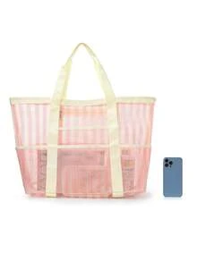 Hollow Polyester Mesh Large Capacity Beach Bag, Travel Laundry Bag, Swimming Storage Bag, Minimalist Mesh Beach Bag, Mother's Day Gift For Mom - Pink - View 4