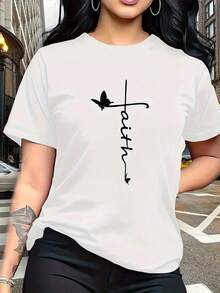 The "Faith" Design Incorporates Christian Cross And Butterfly Pattern Prints, Which Are  And Fashionable. The Simple Round-Neck, Casual, Versatile Short-Sleeve Women's T-Shirt Is Suitable For Leisure, Travel, Vacations, And Other Activities. 915Summer Pure Cotton - 白色 - 查看 1