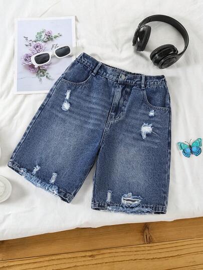 1pc Girls Ripped Frayed Hem Elastic Waist Straight Leg Casual Denim Shorts, Street Style, Suitable For Summer