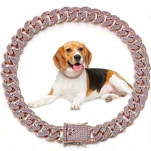 Classic Cuban Link Design Luxury Pet Collar, Hip Hop Style Dog Necklace With Shiny Rhinestones, Adjustable Size Fits All Pets